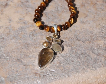 Stunning Beaded Tigers Eye Necklace with Citrine and Pearl Pendant, One of a kind beaded necklace, Bead necklace, Handmade necklace