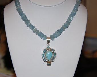 Beaded Aquamarine, Larimar and Blue Topaz necklace, beaded necklace, bead necklace, Aquamarine necklace, beaded jewelry,Larimar necklace,