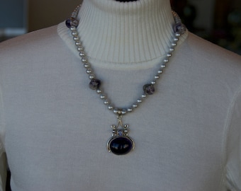 Pearl and Amethyst necklace with Sterling Silver and Amethyst pendant