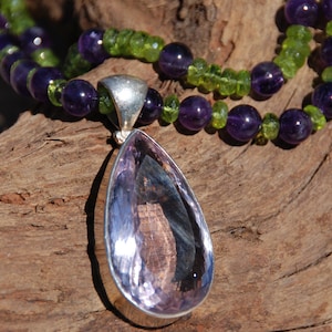 Beaded necklace with two strands of Natural Peridot and Amethyst and large Amethyst Pendant, Handmade beaded necklace
