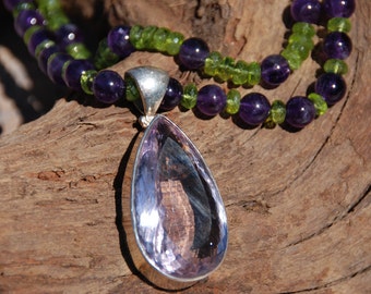 Beaded necklace with two strands of Natural Peridot and Amethyst and large Amethyst Pendant, Handmade beaded necklace