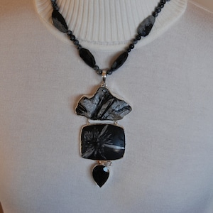 Gorgeous Black and Grey Obsidian , Tourmaline , Chrysanthemum and Quartz beaded necklace