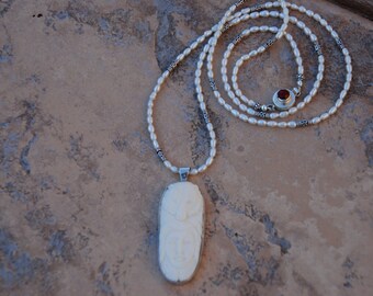 Carved Bone pendant with a Rice Pearl and Silver beaded necklace. Handmade necklace, Beaded necklace, One of a kind beaded necklace