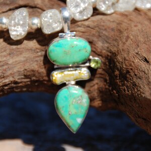 Green Turquoise pendant with free form glass  and Sterling Silver beaded necklace