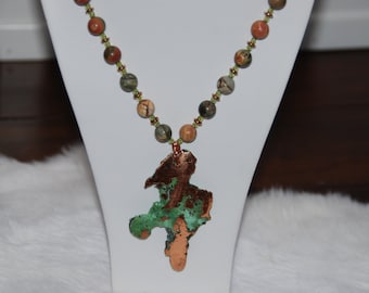 Long Beaded Stone Necklace with Copper Pendant