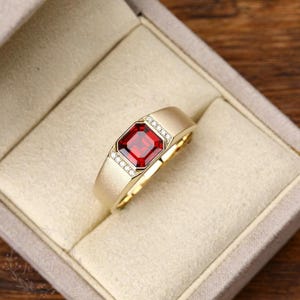 Men's Gold Signet Ring, Vintage Halo Ruby, 14K Gold Plated Sterling Silver
