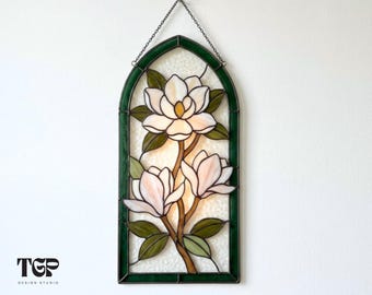 Magnolia Stained Glass Pattern - Botanical Window Template SVG PDF PNG