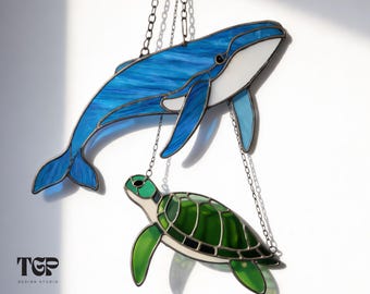 Sea Turtle and Whale Stained Glass Pattern for Beginners SVG PDF
