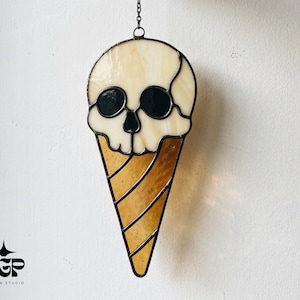 Skull Ice Cream Cone Stained Glass Pattern Halloween Suncatcher PDF Template