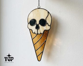Skull Ice Cream Cone Stained Glass Pattern Halloween Suncatcher PDF Template
