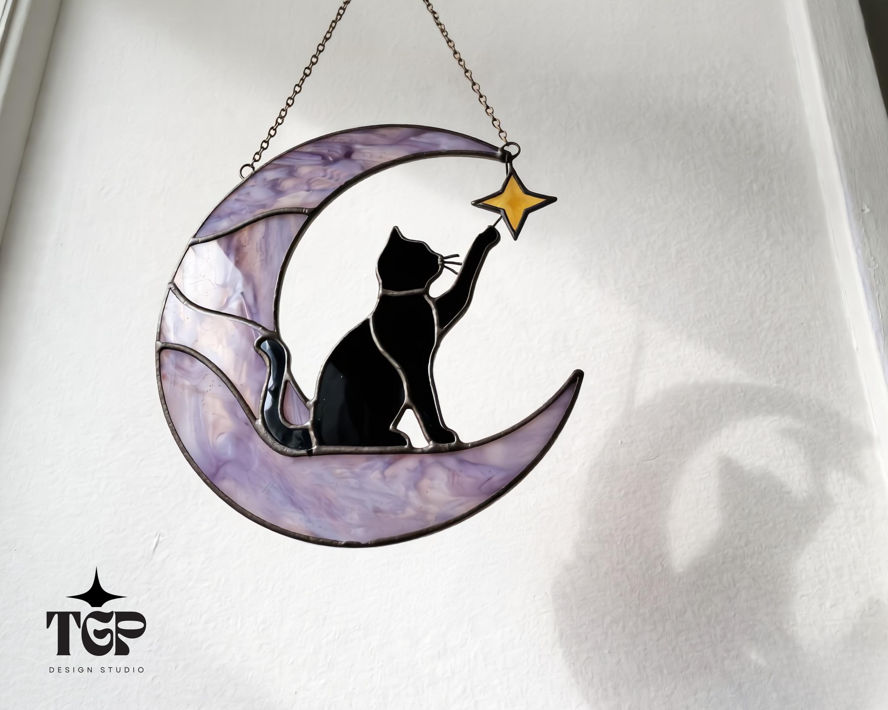 Cat on Moon Stained Glass Pattern SVG PDF PNG - Celestial Suncatcher ...