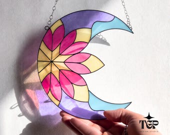 Crescent Moon Stained Glass Pattern SVG PDF PNG - Beginner Lotus Suncatcher Pattern