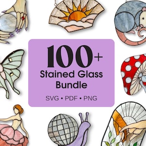 Pode incluir: Uma coleção de designs de vitrais, incluindo uma borboleta, um sol, um gambá, um cogumelo, uma bailarina, um caracol e mãos segurando uma bola de cristal. A imagem inclui o texto "100+ Stained Glass Bundle".