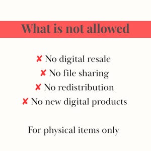May include: A graphic with the text "What is not allowed" in a red banner. Below, four bullet points with red "X" symbols state: "No digital resale," "No file sharing," "No redistribution," and "No new digital products." The text "For physical items only" appears at the bottom.