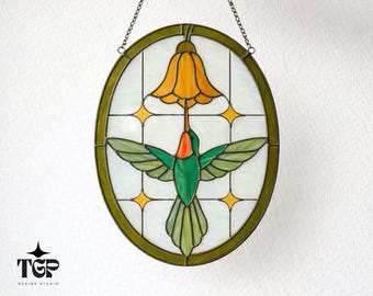 Hummingbird Stained Glass Pattern - Botanical Template Suncatcher SVG PDF PNG