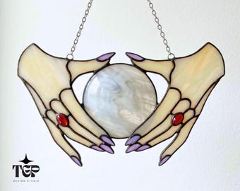 Mystical Stained Glass Pattern - Gothic Moon and Hands Suncatcher Template SVG PDF PNG