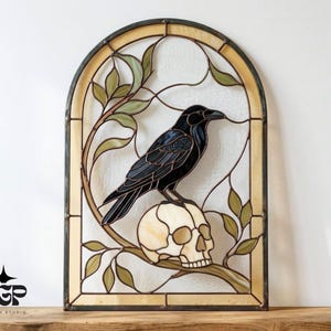 Patrón de vidriera de cuervo - Plantilla de atrapasol de calavera, gótico oscuro SVG PDF PNG