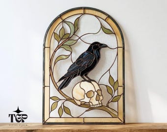 Crow Stained Glass Pattern - Skull Suncatcher Template, Dark Gothic SVG PDF PNG