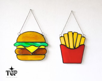 Burger and Fries Stained Glass Pattern – Funny Food Suncatcher Template