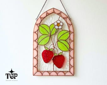 Strawberry Stained Glass Pattern - Fruit Arched Window Template SVG PDF PNG