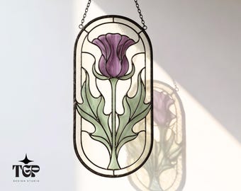 Art Nouveau Thistle Stained Glass Pattern, Botanical Flower template, Arched Window Panel Design