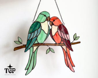 Lovebirds Stained Glass Pattern, Two Parrots Suncatcher PDF, Anniversary Gift for Couples
