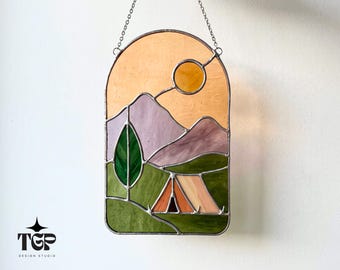 Mountain Camping Stained Glass Pattern - Beginner Friendly Landscape Suncatcher Template SVG PDF