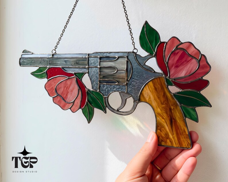 Modern Gun Stained Glass Pattern - Floral Revolver Suncatcher Pattern ...