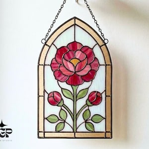 Pfingstrose Glasmalerei Muster - Botanische Jugendstil Fenster Panel Vorlage SVG PDF PNG