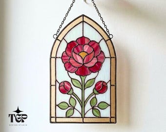 Peony Stained Glass Pattern - Botanical Art Nouveau Window Panel Template SVG PDF PNG