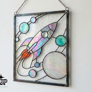 Space Stained Glass Pattern - Rocket Spaceship Suncatcher Template PDF Download