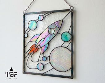 Space Stained Glass Pattern - Rocket Spaceship Suncatcher Template PDF Download
