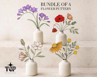 Bundle of 4 Flower Easy Stained Glass Patterns, Botanical Wildflower Magnolia Poppy Template
