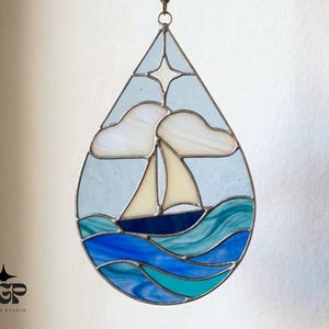 Modello di vetrata a forma di barca a vela per principianti - Pannello a goccia oceanica facile SVG PDF PNG
