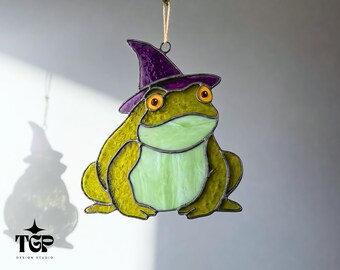 Witch Frog Stained Glass Pattern, Cottagecore Halloween Decor, Wizard Digital Download SVG PDF