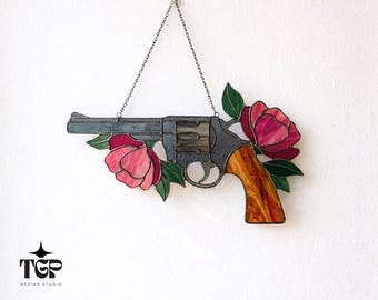 Modern Gun Stained Glass Pattern - Floral Revolver Suncatcher Pattern, Gothic Rose Window Hanging