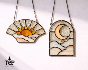 Sunrise and Moon Stained Glass Pattern - Beginner Template  PDF SVG Digital Download