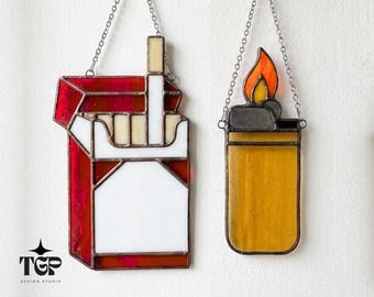 Cigarette Pack and Lighter Stained Glass Pattern, Funny Quirky Suncatcher PDF Bundle
