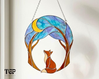 Moon Forest Stained Glass Pattern -  Beginner Friendly Fox Template PDF PNG SVG Instant Download