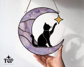 Cat on Moon Stained Glass Pattern SVG PDF PNG - Celestial Suncatcher Template Digital Download
