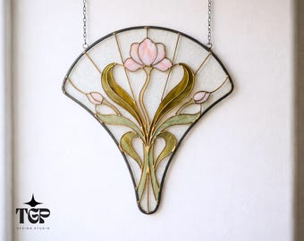 Tulip Stained Glass Pattern - Art Nouveau Fan Suncatcher Template, Botanical SVG PDF PNG