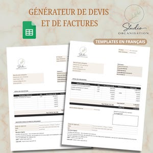 Puede incluir: Dos documentos blancos con información financiera detallada, incluidos los costos y totales. Los documentos están etiquetados como "GÉNÉRATEUR DE DEVIS ET DE FACTURES" y "TEMPLATES EN FRANÇAIS". Un icono verde de hoja de cálculo está en la esquina superior izquierda.