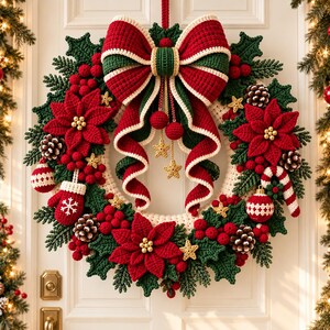 Christmas Bow Poinsettia Wreath Crochet Pattern PDF | Holiday Door Decor | Christmas Bow Wreath | Instant Digital Download