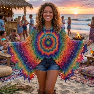 Könnte beinhalten: Ein leuchtend bunter Häkelponcho mit einem großen, komplizierten Mandala-Muster in den Farben Rot, Orange, Gelb, Grün, Blau und Violett, kombiniert mit blauen Jeansshorts und einer mehrlagigen türkisfarbenen Perlenkette.