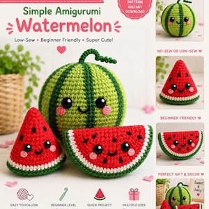 Pode incluir: Um padrão PDF digital para fazer melancias amigurumi em crochê, apresentando uma melancia redonda, uma fatia triangular e uma fatia em meia-lua, todas com olhos pretos, bochechas rosadas e sorrisos. Texto: Simple Amigurumi Watermelon.