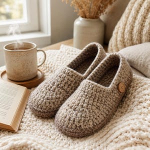 May include: A pair of beige crochet slippers featuring a textured knit pattern and a single round wooden button on the side of each slipper. The slippers are crafted with a thick, warm-toned yarn and have a rounded toe design for a comfortable fit.