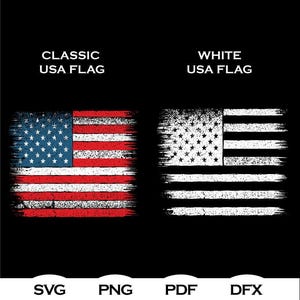 May include: Two distressed American flag designs are displayed against a black background. The left flag is the classic design with red and white stripes and a blue field of stars. The right flag is a white version of the American flag.