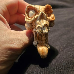 May include: A detailed, tan-colored skull figurine with visible teeth and eye sockets. The skull has a weathered appearance, with darker brown accents highlighting the contours and crevices of the bone structure. The figurine is held in a hand.
