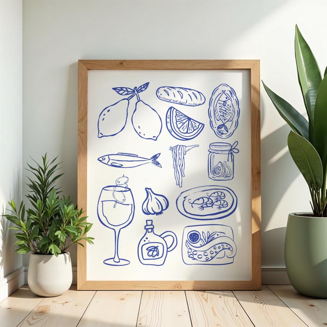 set of three mediterranean kitchen prints | framed... Mediterranean Food Line Art Print, Coastal Kitchen Decor (digital ...