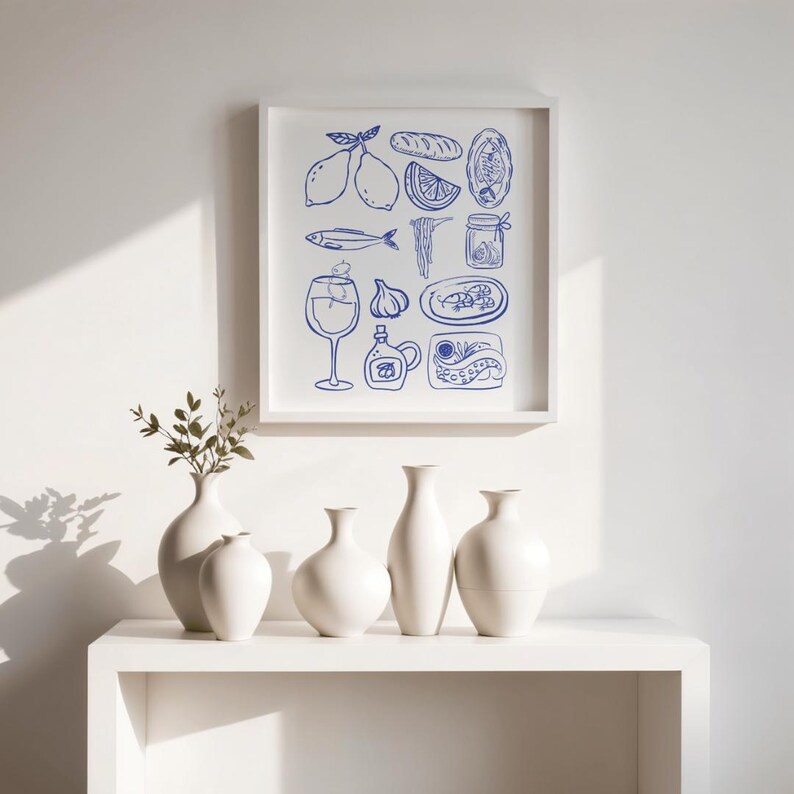 set of three mediterranean kitchen prints | framed... Mediterranean Food Line Art Print, Coastal Kitchen Decor (digital ...